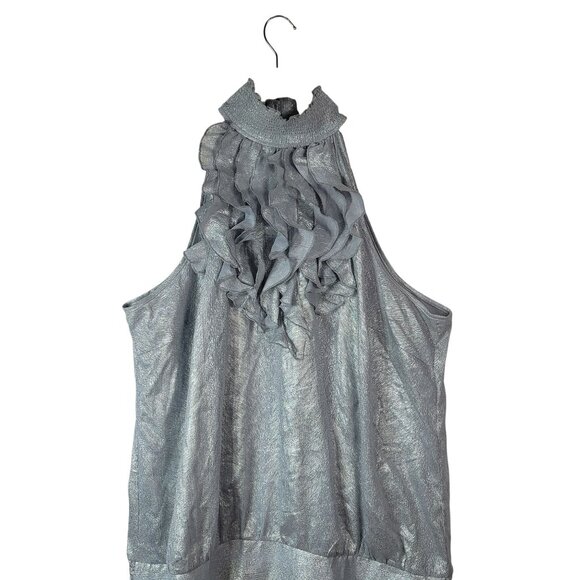 Ashley Stewart Metallic Sleeveless Halter Top Silver 18W Ruffle Smocked Button - Picture 4 of 8
